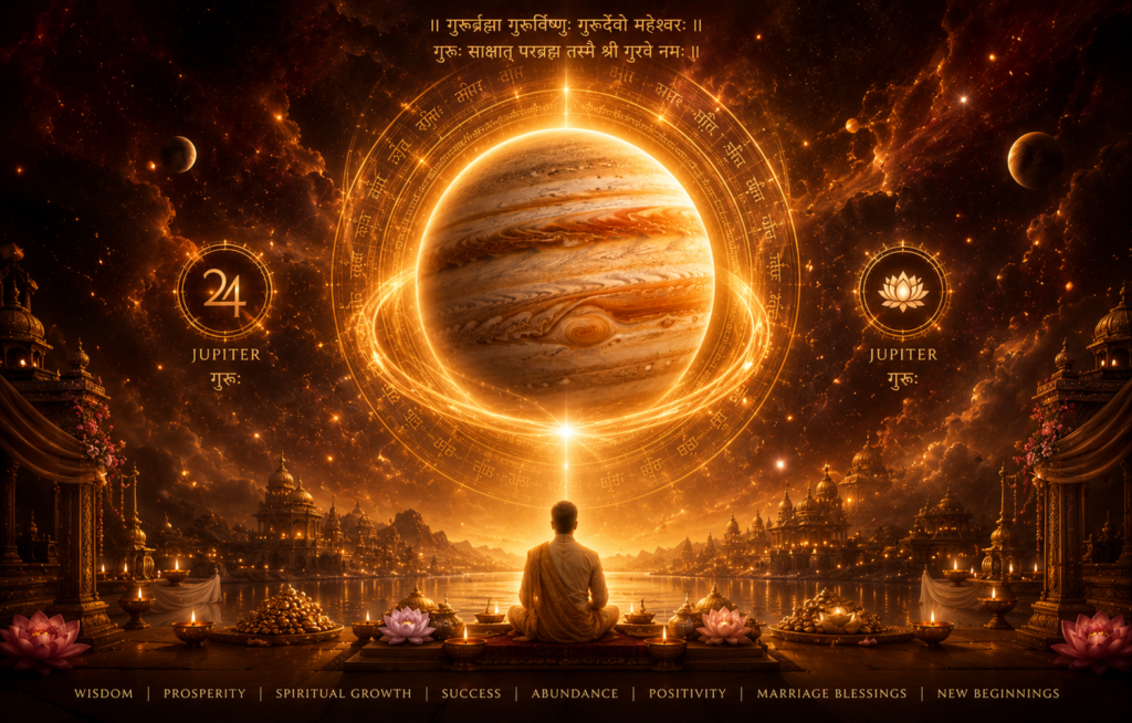 Meditating figure sits before a glowing Jupiter surrounded by golden rings and Sanskrit mandalas in a warm, temple-like fantasy scene.