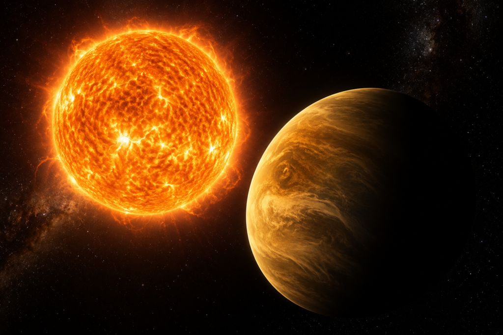 A blazing star and golden planet in deep space representing the powerful energy of Sun Mahadasha.