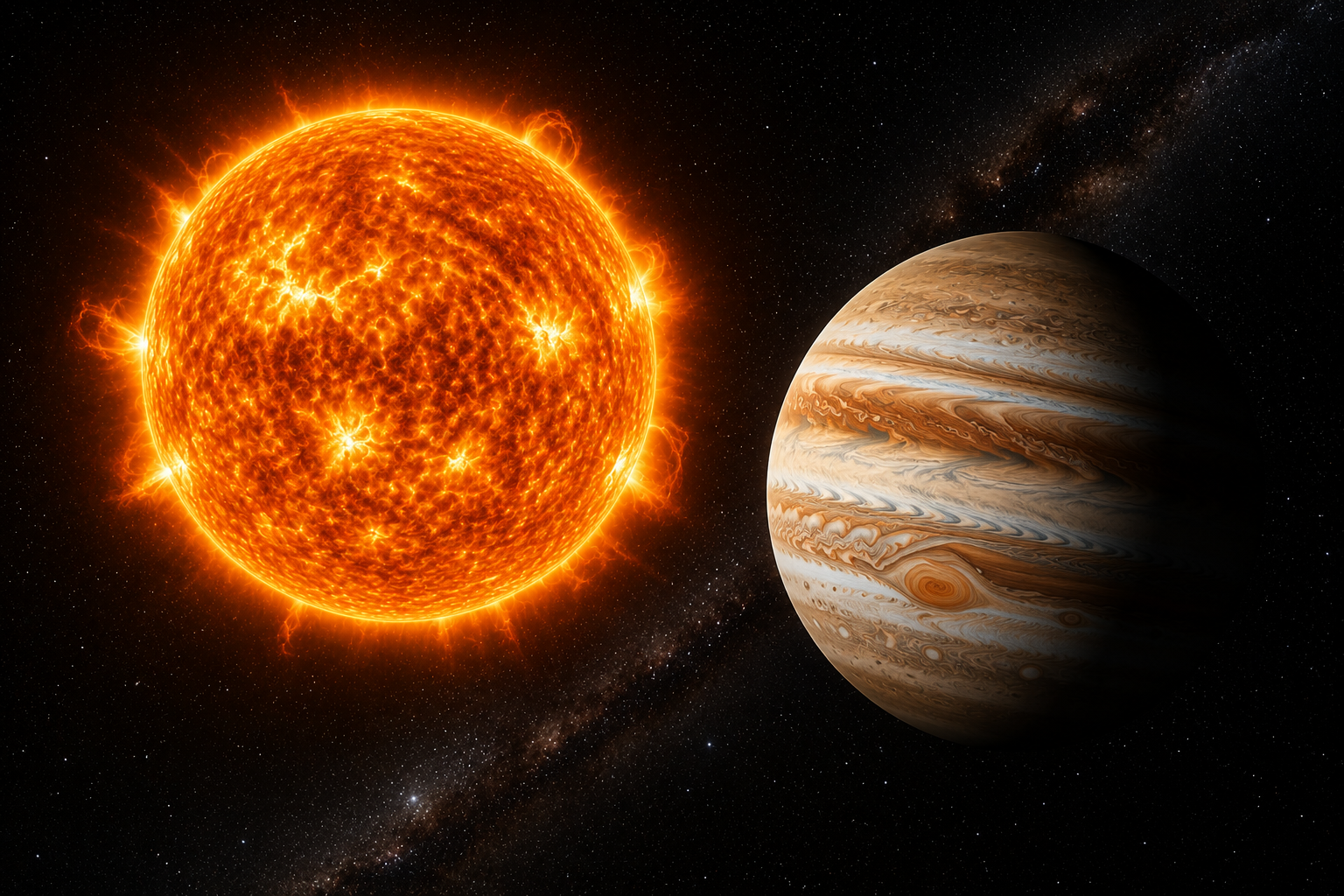 The Sun on the left and Jupiter with swirling bands on the right in deep space, starry background.