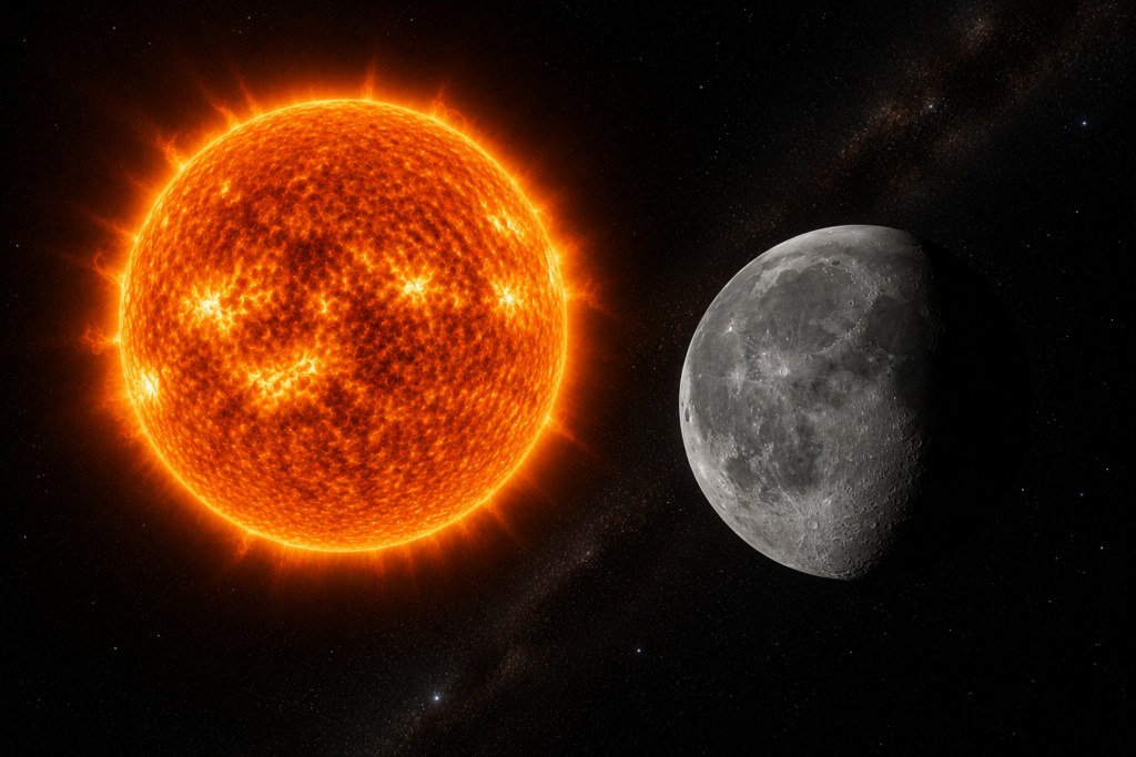 Giant orange Sun with solar flares next to a gray cratered Moon in space.