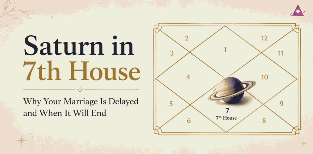 Banner announcing 'Saturn in 7th House' with subtitle about marriage delays; shows an ornate 12-house zodiac diagram with Saturn in the 7th house and a ringed planet illustration on the right side.
