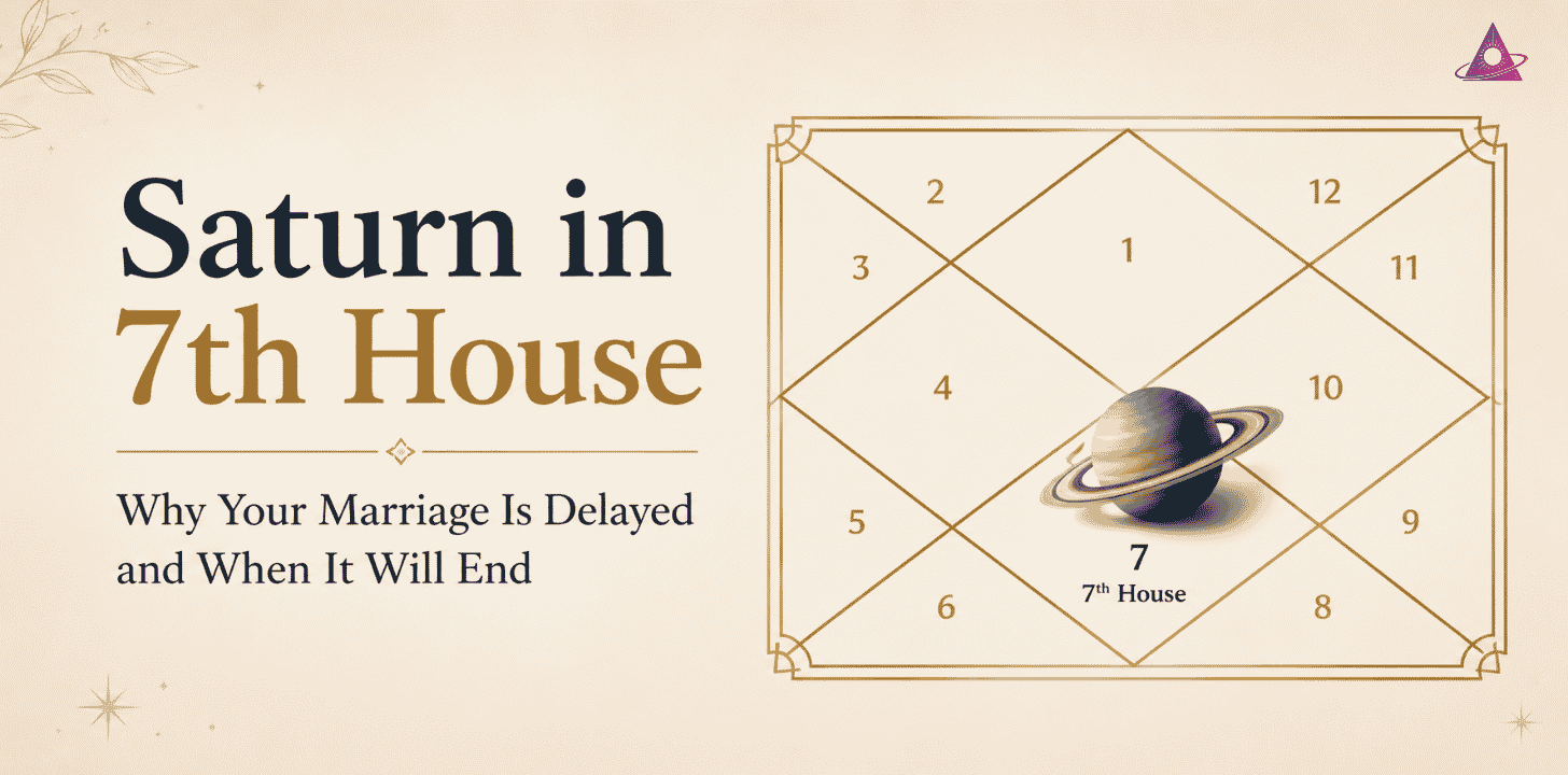 Banner announcing 'Saturn in 7th House' with subtitle about marriage delays; shows an ornate 12-house zodiac diagram with Saturn in the 7th house and a ringed planet illustration on the right side.