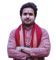 Man with folded arms wearing a patterned kurta and red scarf, with a beaded necklace and a watch on his wrist Prashna Kundali