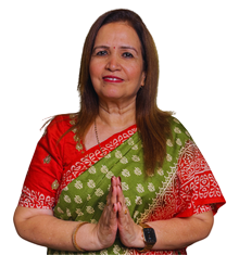 Woman in a red and green sari smiling while pressing palms together in a namaste gesture (greeting). | Prashna Kundali