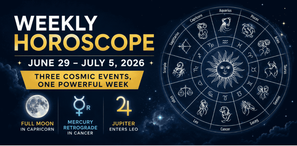 Weekly horoscope June 29 July 5 2026 featuring zodiac wheel, Full Moon, Mercury Retrograde, and Jupiter in Leo cosmic astrology theme.