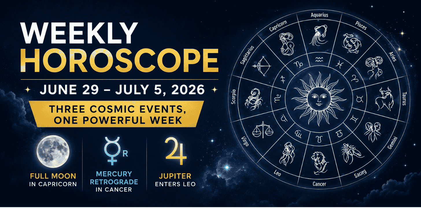 Weekly horoscope June 29 July 5 2026 featuring zodiac wheel, Full Moon, Mercury Retrograde, and Jupiter in Leo cosmic astrology theme.