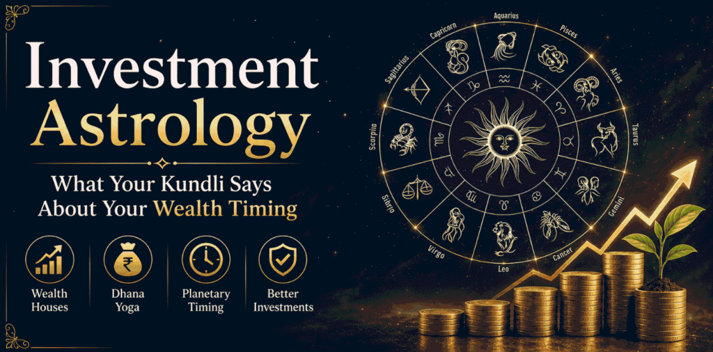 Promotional banner for Investment Astrology with a gold title, zodiac wheel, and stacked coins showing wealth growth.