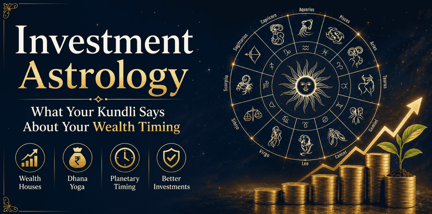 Promotional banner for Investment Astrology with a gold title, zodiac wheel, and stacked coins showing wealth growth.