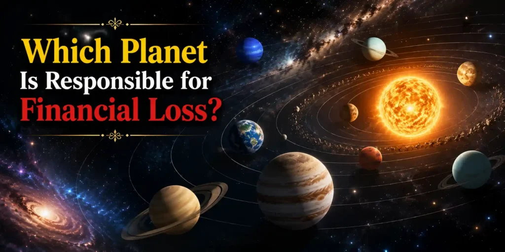 Banner showing a glowing Sun with planets in orbit and the headline 'Which Planet Is Responsible for Financial Loss?' in gold and red fonts