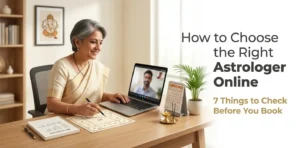 How to Choose the Right Astrologer Online – professional Vedic astrologer consulting a client with a North Indian kundli chart