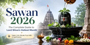 Cover image: 'Sawan 2026' guide to Lord Shiva’s Holiest Month, featuring a Shiva lingam fountain with flowers and a temple in the background.