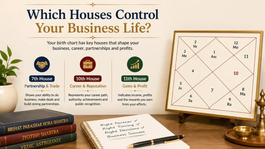 Business astrology chart showing the 7th, 10th and 11th houses in Vedic astrology for business success, career growth and profits