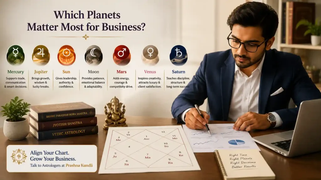 Business astrology in Vedic astrology showing Mercury, Jupiter, Sun, Moon, Mars, Venus, and Saturn and their role in business success