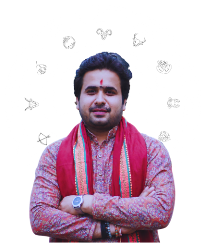 Astrologer in traditional Indian attire offering career astrology consultation with zodiac wheel background